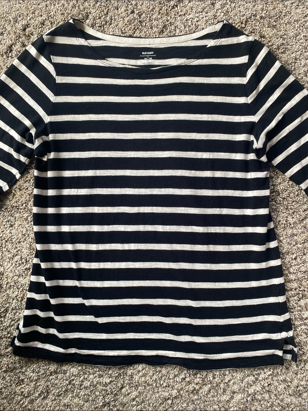 Classic Women's Black and White Striped Boatneck Cotton Top Size M🖤🤍❤️
